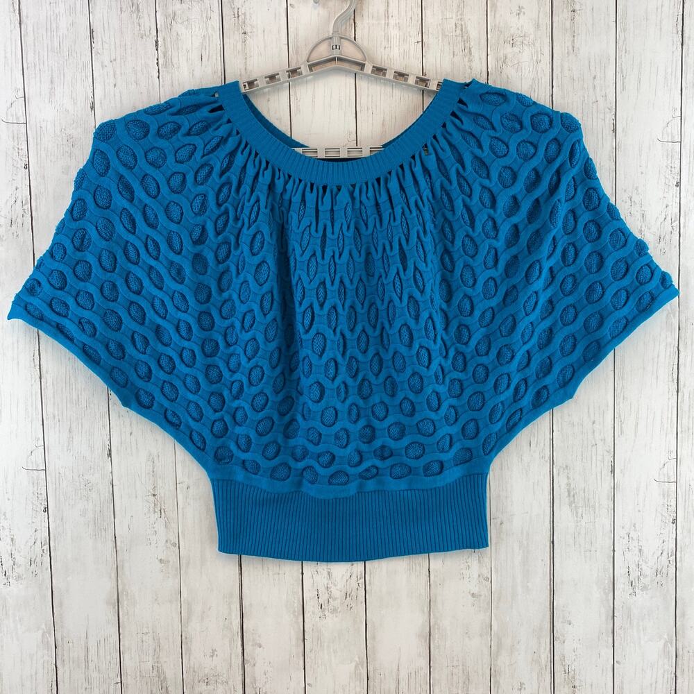VTG Once Again Blue Honeycomb Knit Cropped Poncho-Style Sweater Top Size Medium